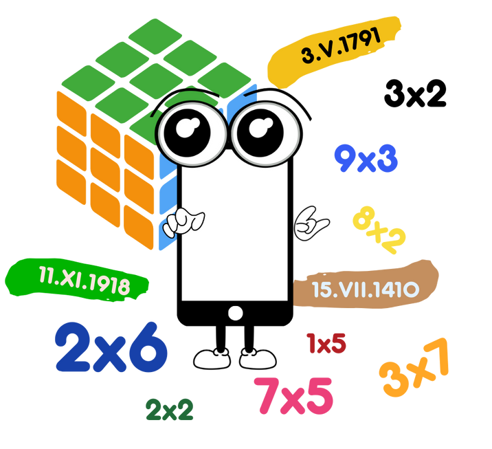 Smartfonik na tle działań matematycznych i kostki Rubika.