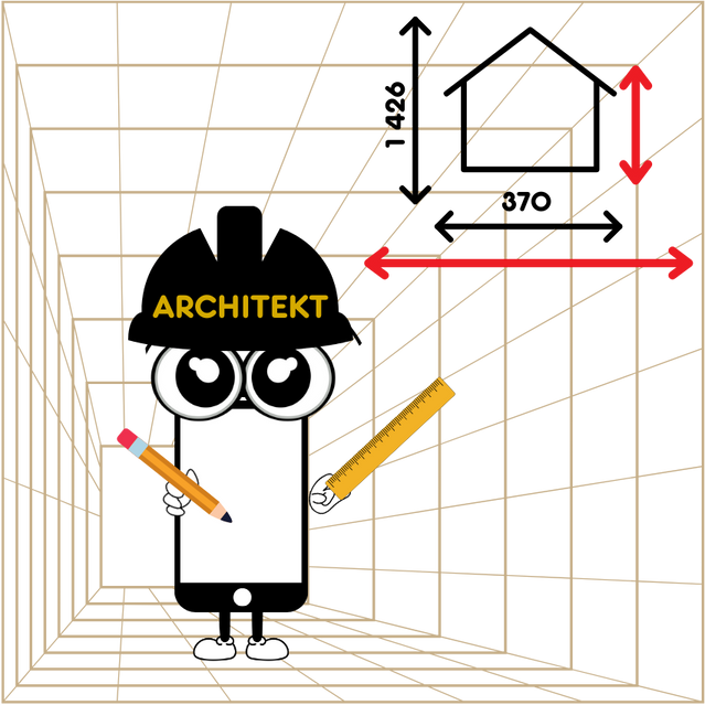 Smartfonik architekt z ołówkiem i linijką w ręce projektuje dom.