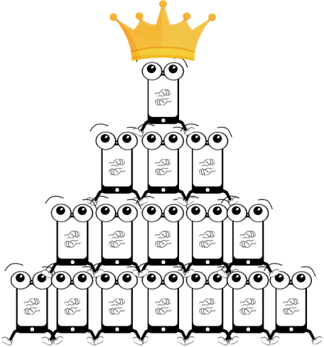 Czteropiętrowa piramida ułożona ze Smartfoników, na szczycie ze Smartfonikiem w złotej koronie.